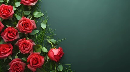 Red roses flowers on soft green grass background, AI generated, top view with space for text, minimalism style.