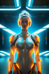 A female cyborg in a futuristic space station