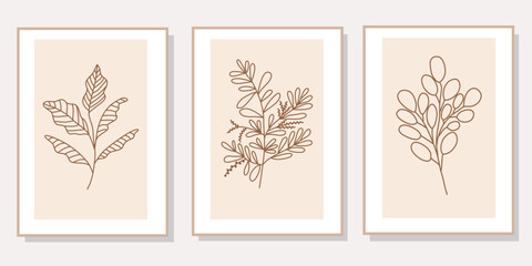 Abstract floral line art set of 3 minimalist prints. Vector design elements of nature for poster, prints, t-shirt, wall art, logo, banner, canvas prints, home decor, cover, wallpaper.