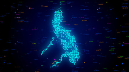 Futuristic Blue Colorful Shiny Digital Technology Hud Dots Mosaic Grid Philippines Map Separate Regions Light Scanning With Numeric Tech Particles - obrazy, fototapety, plakaty
