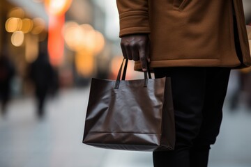 a closeup photo of a male dark skin black african american hand holding a leather shopping bag. walking outside on a street. buying products and clothing on black friday. Generative AI