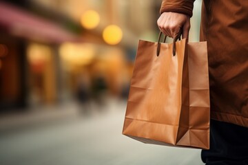 a closeup photo of a male white hand holding a shopping bag. walking outside on a street. buying products and clothing on black friday. Generative AI