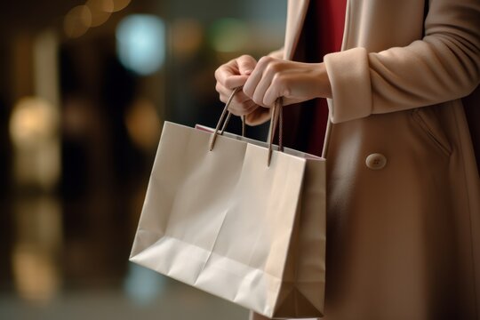 a closeup photo of a female white hand holding a shopping bag. walking outside on a street. buying products and clothing on black friday. Generative AI