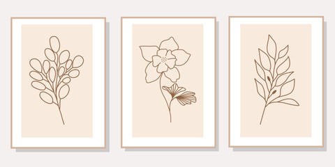 Abstract floral line art set of 3 minimalist prints. Vector design elements of nature for poster, prints, t-shirt, wall art, logo, banner, canvas prints, home decor, cover, wallpaper.