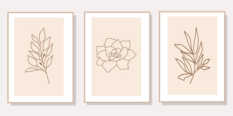 Abstract floral line art set of 3 minimalist prints. Vector design elements of nature for poster, prints, t-shirt, wall art, logo, banner, canvas prints, home decor, cover, wallpaper.