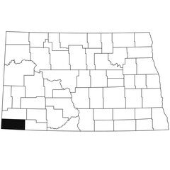 Obraz premium Map of bowman County in North Dakota state on white background. single County map highlighted by black colour on North Dakota map .