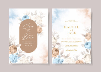 Watercolor wedding invitation template set with beautiful blue white floral and leaves decoration