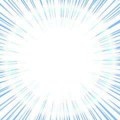 虹色の輪があるブルーの光の集中線　正方形の背景