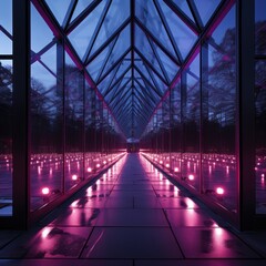 A purple lit building frame in perspective. Generative AI. 