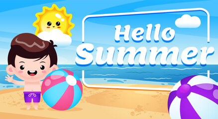 Happy Cute Boy With Summer Greeting Banner