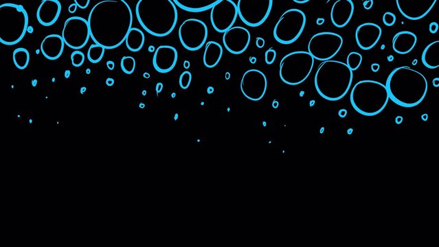 Blue water bubbles pop up on a black screen. Animation of rising sea foam at the bottom. Stock 4k video for cartoon transition with alpha channel.