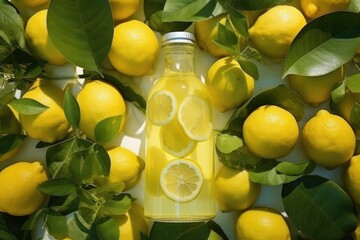 glass bottle lies among lemons top view