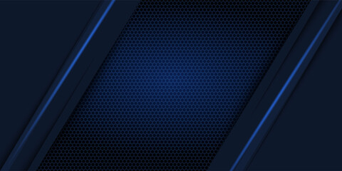 Dark blue 3D vector hexagonal technology abstract background. Abstract modern technology futuristic wide banner with black 3D honeycomb shapes. Vector illustration