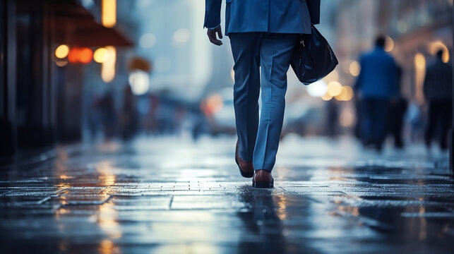 The Lower Half of a Businessman Walking to Work on a City Street During a Rainy Day