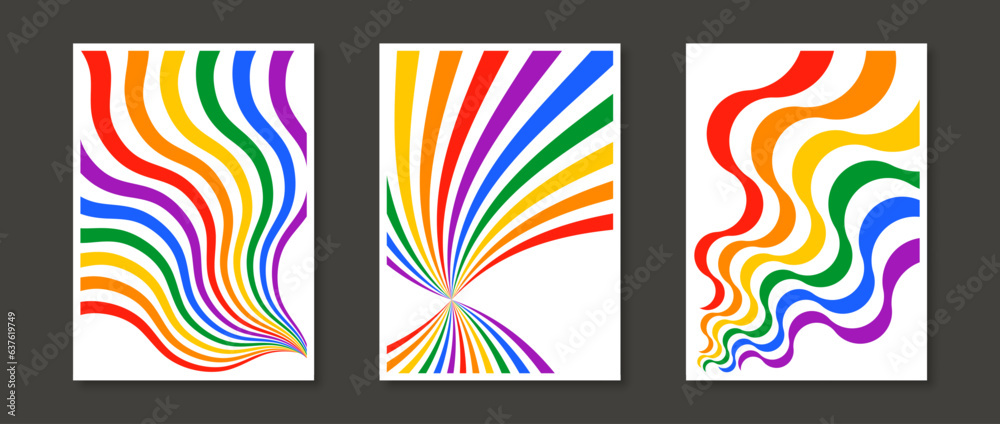 Poster rainbow wave lines print set. abstract colorful poster collection. geometric wavy burst psychedelic 