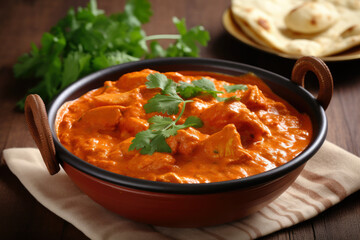 a delicious chicken tikka masala curry, featuring tender marinated chicken in a creamy tomato sauce, garnished with cilantro