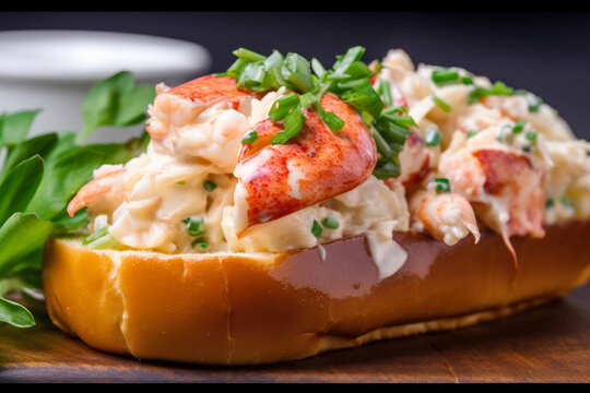 A succulent lobster roll, overflowing with buttery lobster meat and topped with chives, captures the essence of indulgent, gourmet seafood in this appetizing, close-up image