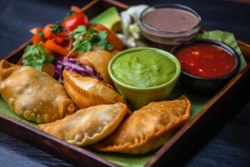 A close-up of a tray filled with various empanadas, accompanied by a side dish of fresh salsa and guacamole, creates a mouthwatering sight