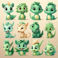 Naklejka premium Clipart set of cartoon green wooden dragon with different emotions. 