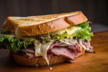 Juicy roast beef sandwich with melted cheese, crispy lettuce, and toasted bread - a delicious, savory lunch option that satisfies cravings for comfort food
