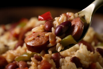 A close-up of a forkful of red beans and rice, combined with smoked sausage and diced peppers,...