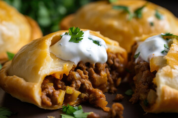 A mouthwatering macro shot of a spicy beef empanada, freshly baked and beautifully garnished with cilantro and a drizzle of sour cream