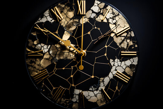 Gold painted clock on black background. the clock is broken into pieces. Time is money.