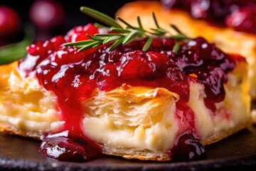 puff pastry tarts stuffed with cranberries. served on a platter and garnished with a sprig of rosemary