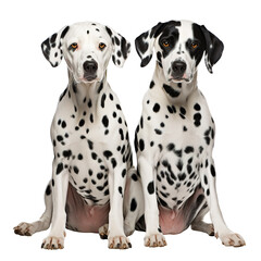 two Dalmatian dogs sitting, looking at the camera, isolated on transparent background