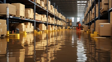  Flooded warehouse with cardboard boxes floating on water due to flooding. natural disaster insurance - Powered by Adobe