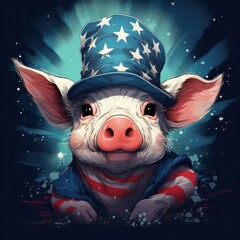 Piglet in clothes and a hat with elements of patriotism inspired by the American flag