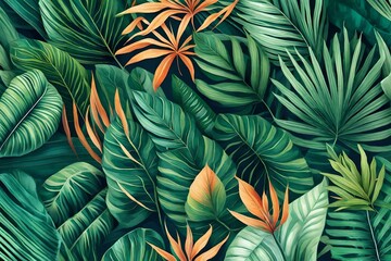 Fototapeta na wymiar Tropical exotic leaves pattern background. Generative AI.