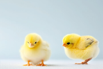 Fototapeta premium small yellow chickens on a light background. postcard with copy space, easter concept. 