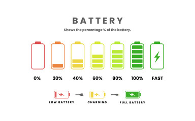 Battery recharge icon set. Percentage charge indicator numbers. Red to yellow and green color icons on white background. Low to full load energy accumulator symbol. Illustration vector 10 eps.