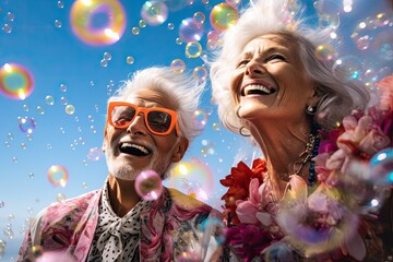 Joyful senior pair of lady and man, stylish clothes, surrounded by bubbles. Celebration of vibrant elderliness and fun.
