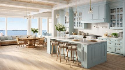 A modern coastal kitchen with light blue cabinets and nautical décor  