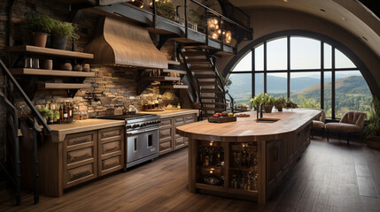 A wine lover's kitchen with a built-in wine rack and a cozy tasting nook  