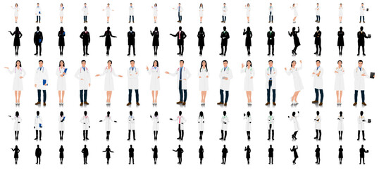 Hand-drawn male and female healthcare workers. Happy smiling doctor with a stethoscope. A doctor in a white coat poses. Different color options. Vector flat style illustration set isolated on white