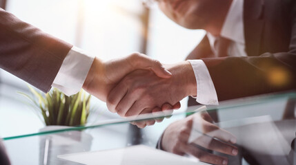 Handshake is symbol of starting finishing negotiations, successful teamwork signing contract, hiring human resource concept
