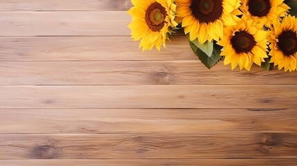 AI generated, Top view of a light brown wood texture with sunflowers around it with space for text, minimalism style.