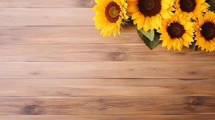 Obraz premium AI generated, Top view of a light brown wood texture with sunflowers around it with space for text, minimalism style.