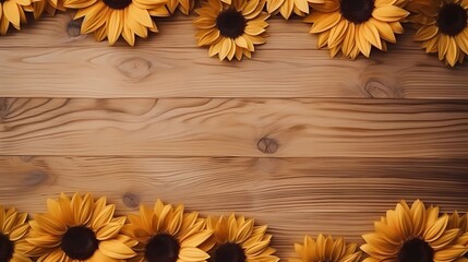 AI generated, Top view of a light brown wood texture with sunflowers around it with space for text, minimalism style.