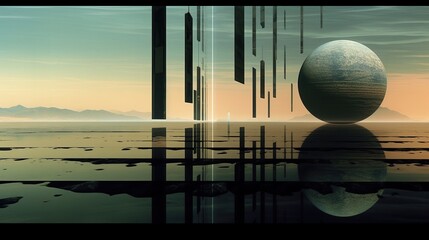 3d illustration of an abstract landscape with a sphere in the foreground