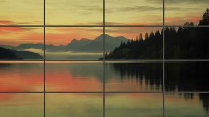 Reflection of mountains and lake in glass panels. 3d rendering