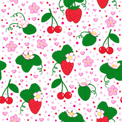 red cherry and strawberry seamless pattern. pink love and polka dots background. good for fabric, fashion design, wallpaper, backdrop, textile, paper, kids wear.