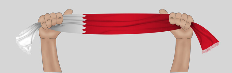 3D illustration. Hand holding flag of Bahrain on a fabric ribbon background.