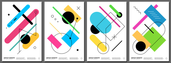 Abstract brutalism poster set. Memphis geometric shapes banner. Modern brutalist style minimal simple graphic elements print. Brutal trendy y2k placard layout. Vintage postmodern anti design art cover