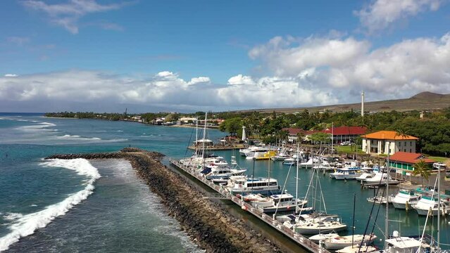 LAHAINA, MAUI, HAWAII - 2023 - Very good aerial over the harbor at Lahaina, Maui, Hawaii before it was destroyed by fire.