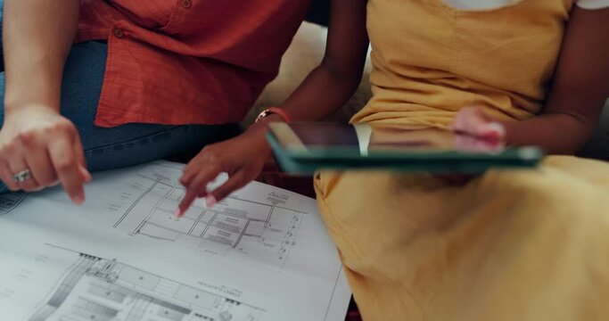 Home, blueprint and couple with a tablet, planning and conversation with renovations, constructions and real estate design. Tech, man and woman with remodeling documents, homeowners and diy project