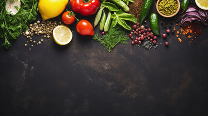 Various kitchen ingredients vegetables on dark stone plate background, health eating concept, food...